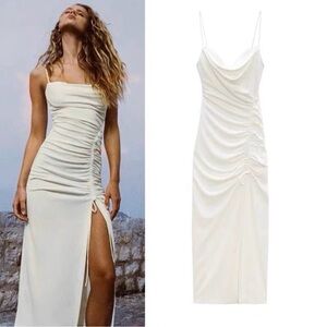 Zara Elegant White Ruched Midi Dress